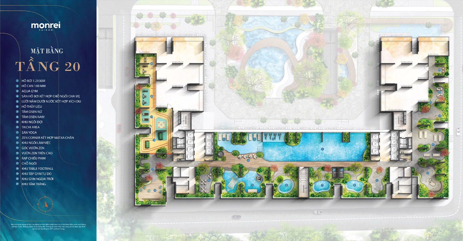Mặt bằng tiện ích tầng 20 dự án Monrei Saigon: hồ bơi, Onsen nam nữ, bể Jacuzzi, Aqua Gym, vườn zen trên cao, rạp chiếu phim